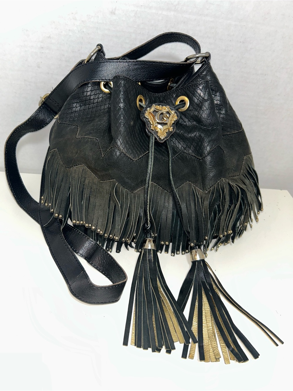 Black Fringe Bucket Crossbody Bag with Tassel Accent
